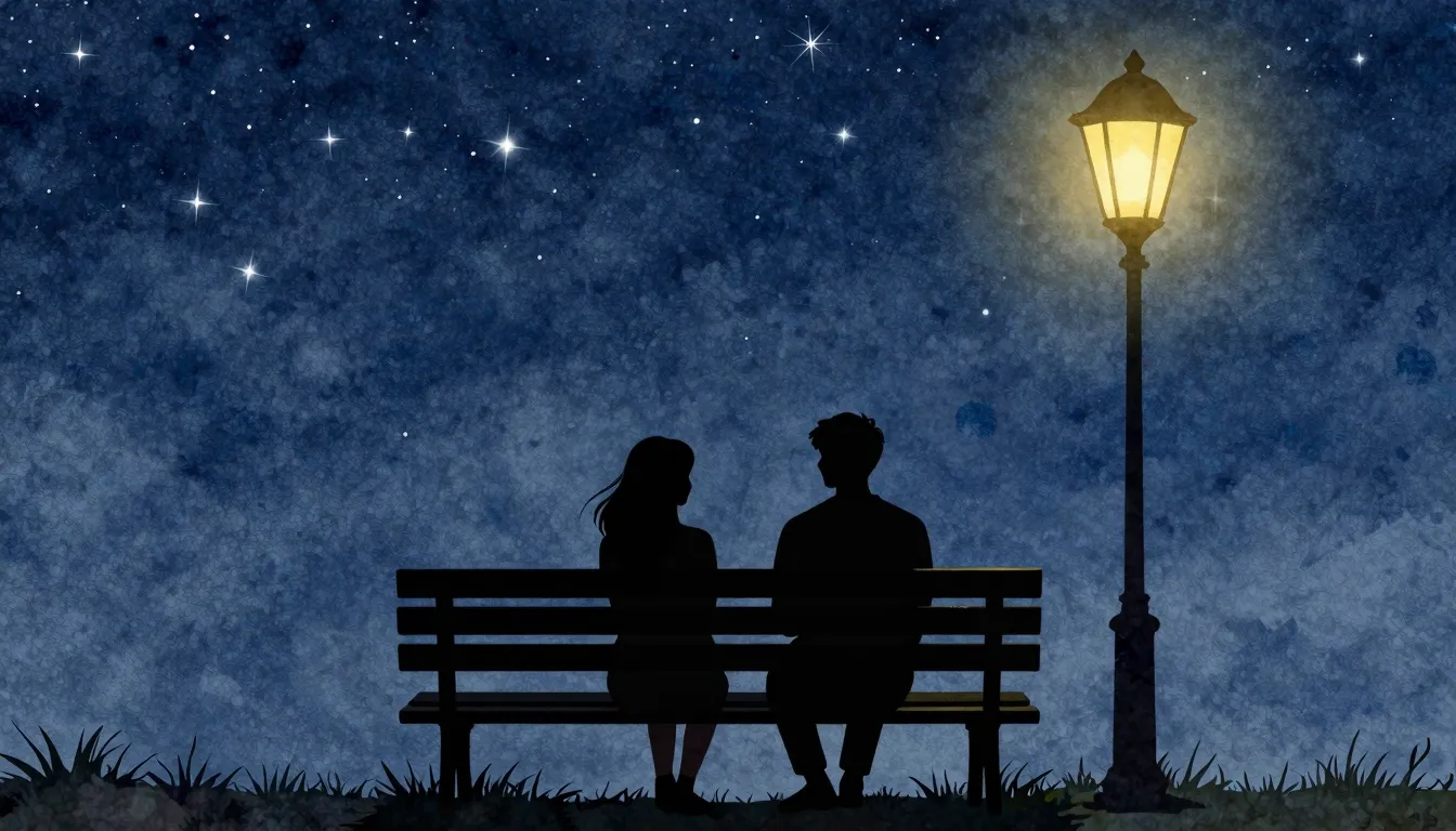 Watercolor style. Silhouette of two friends sitting on a ben...