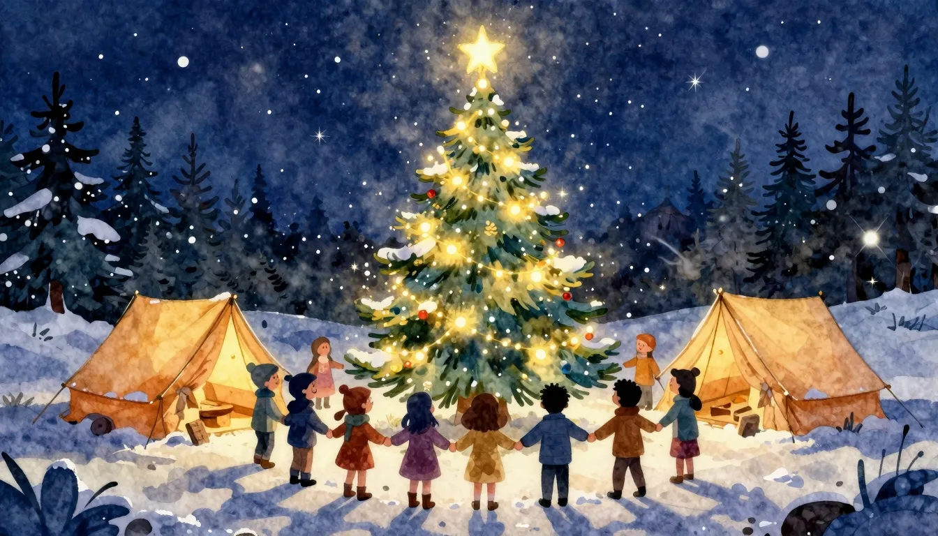 Vibrant watercolor style. A cozy winter camp scene at night,...