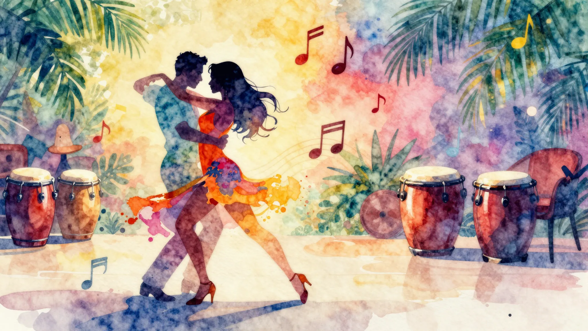 Vibrant watercolor style. Vibrant salsa dance atmosphere, ab...