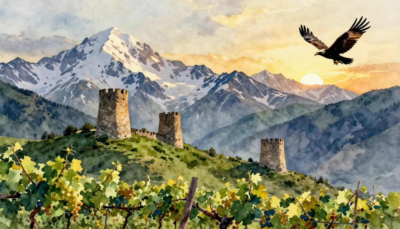 Watercolor style. Majestic Caucasus mountains with snowy pea...
