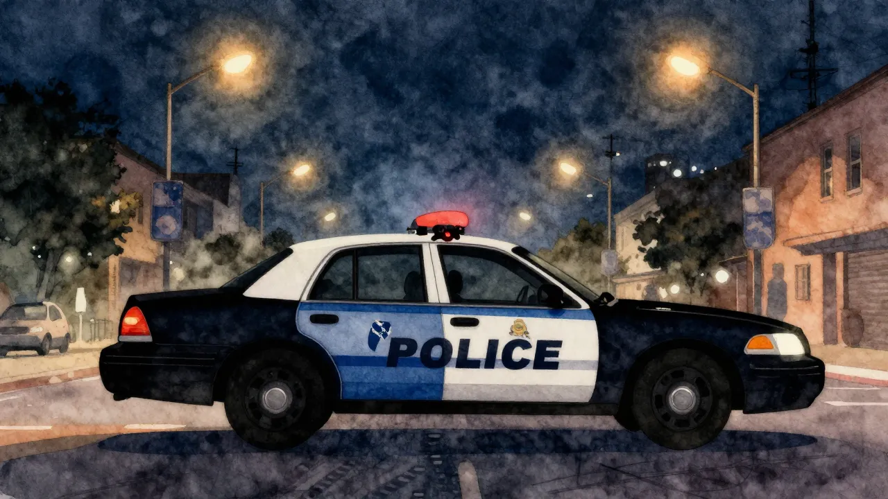 Watercolor style. Silhouette of a patrol car at night in a c...