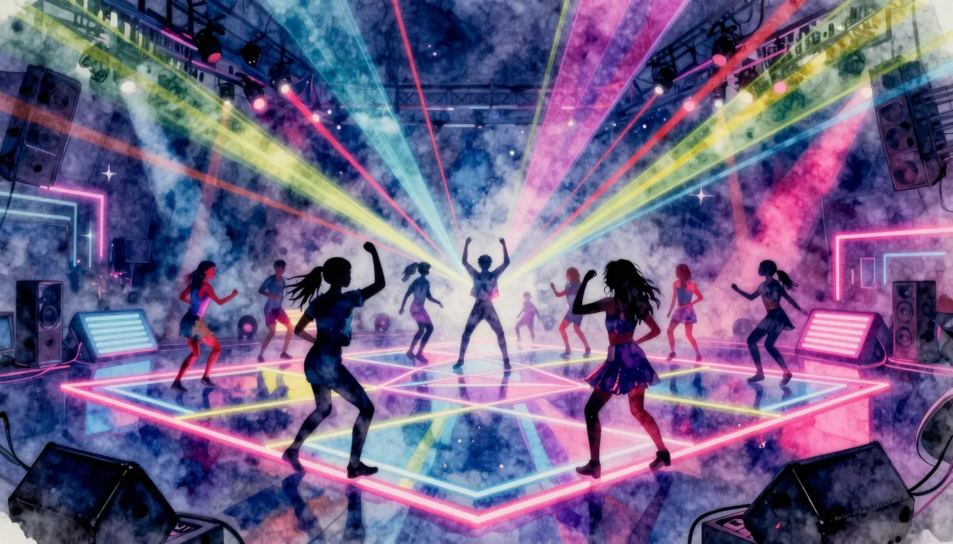 Watercolor style. A bright neon dance floor with glowing geo...