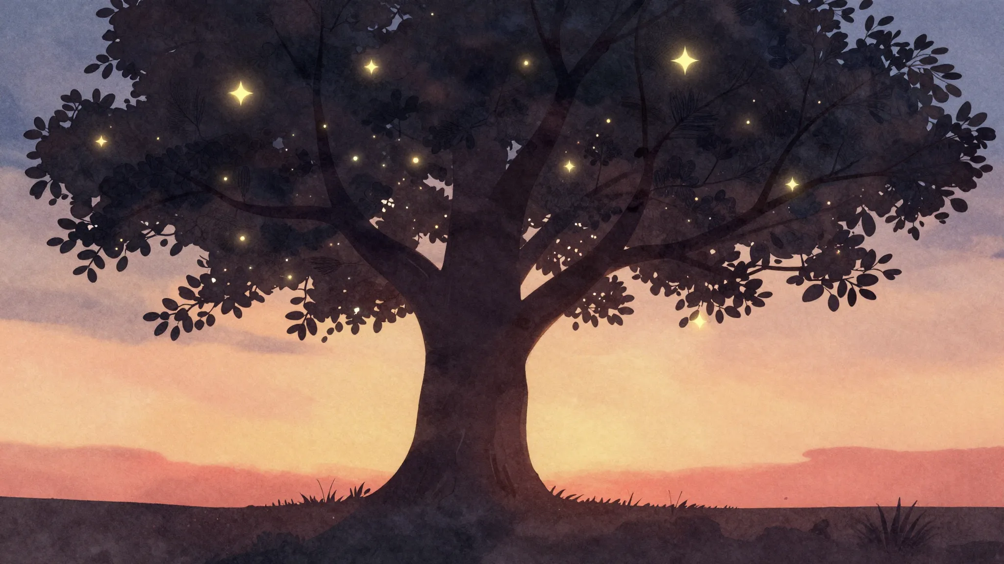 Watercolor style. Silhouette of a big tree sheltering small ...
