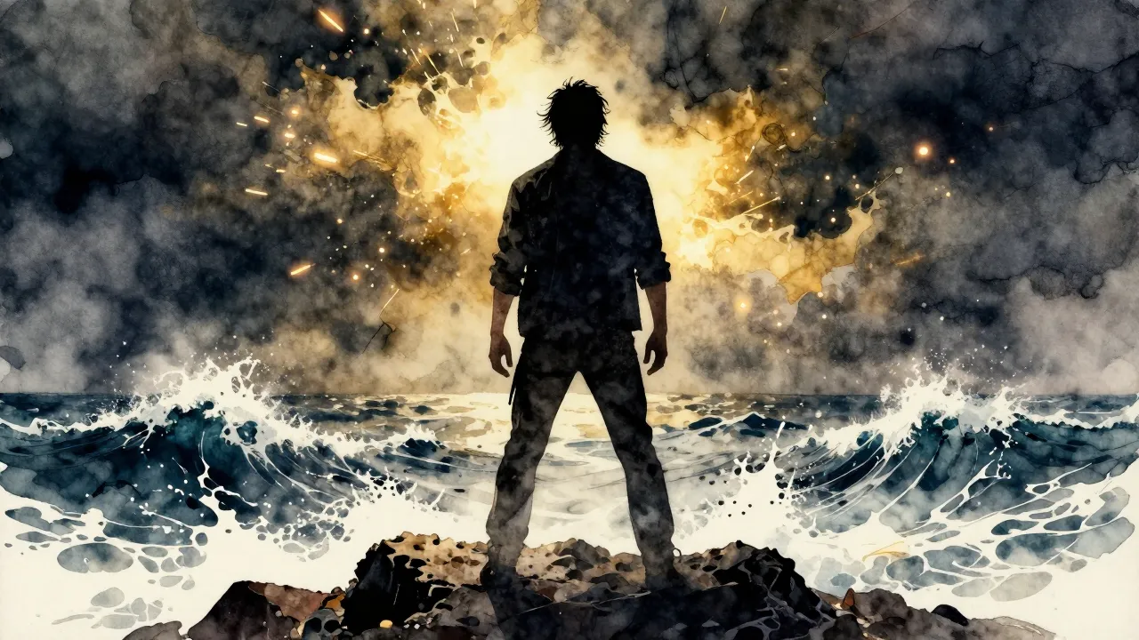Vibrant watercolor style. A powerful rock music album cover,...