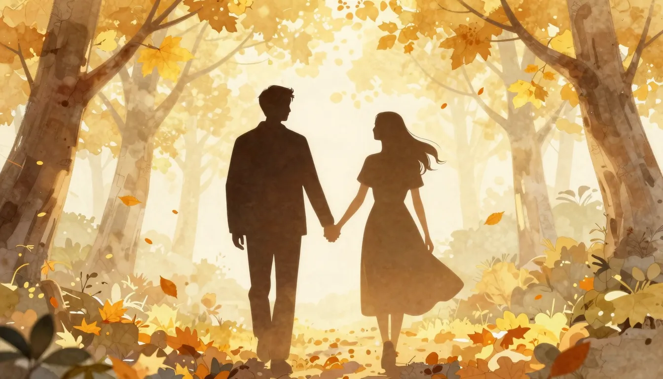 Watercolor style. Silhouette of a couple holding hands in an...