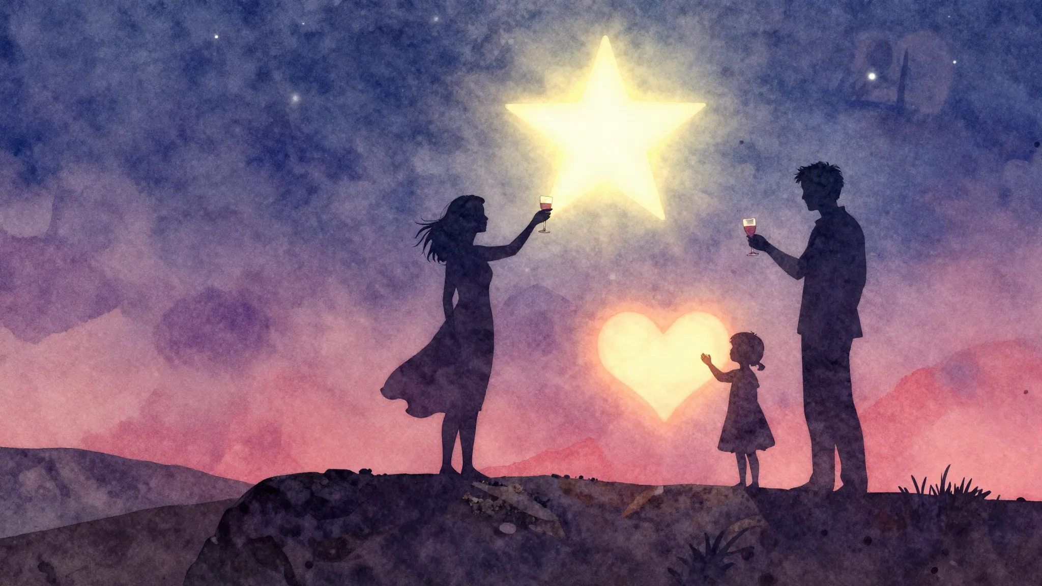 Vibrant watercolor style. Rock album cover, a silhouette of ...