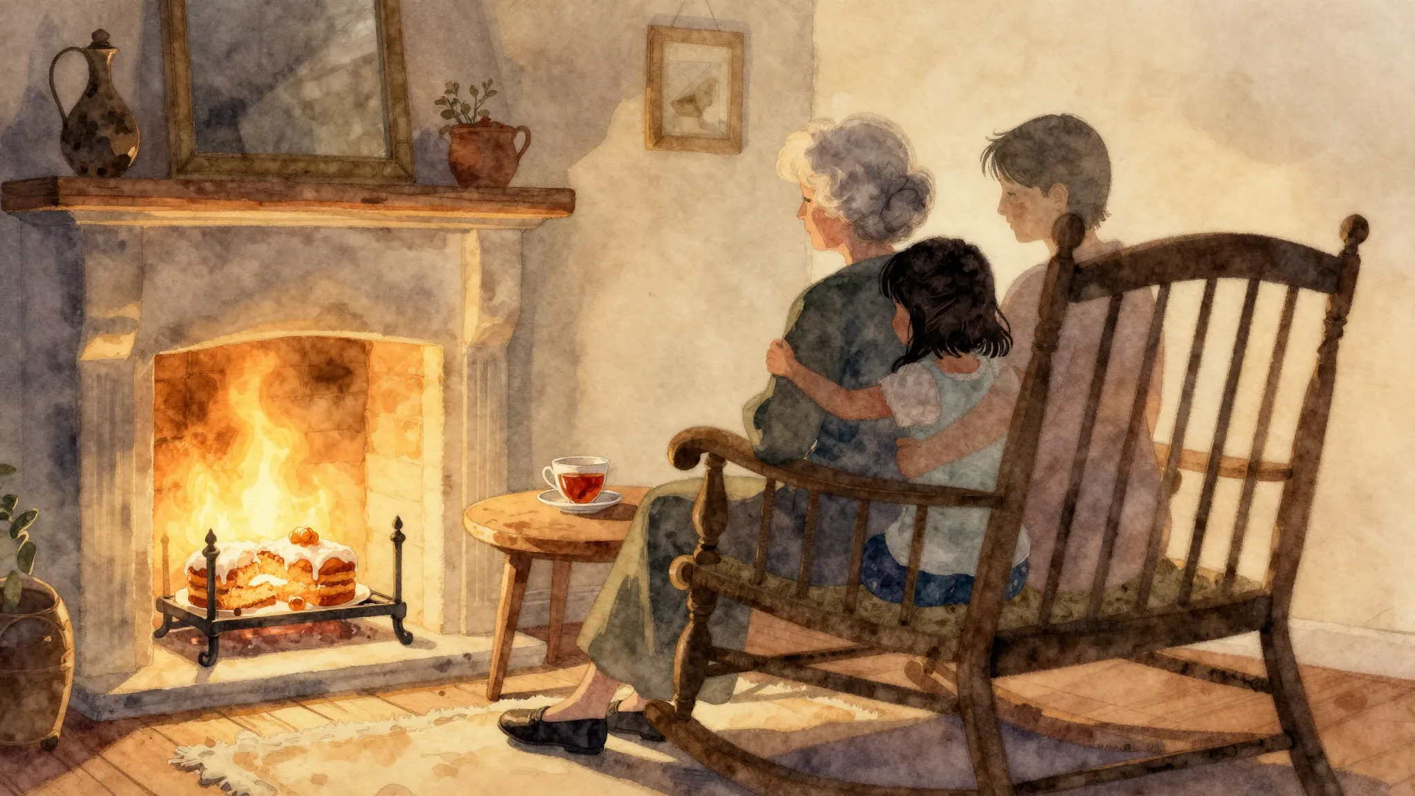 Watercolor style. A cozy room with a warm fireplace, a silho...