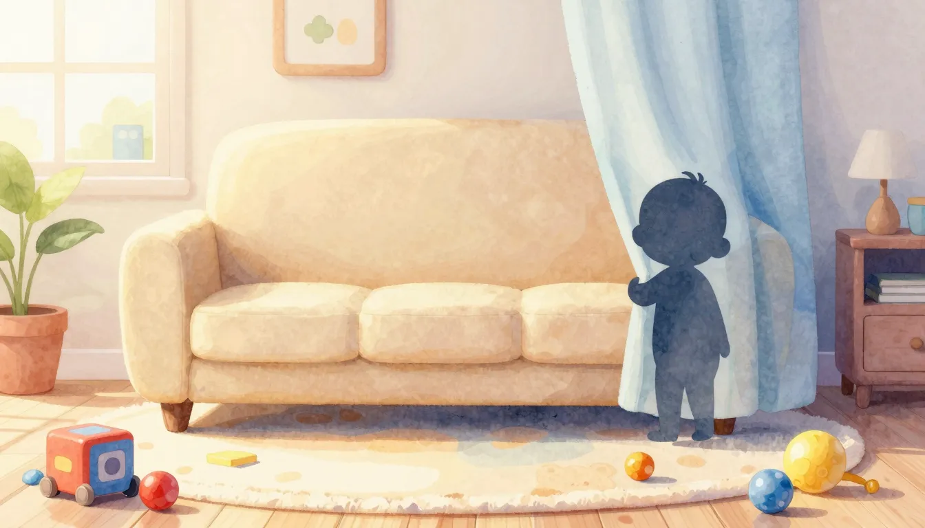 Watercolor style. A cute cartoonish room with a big sofa, a ...