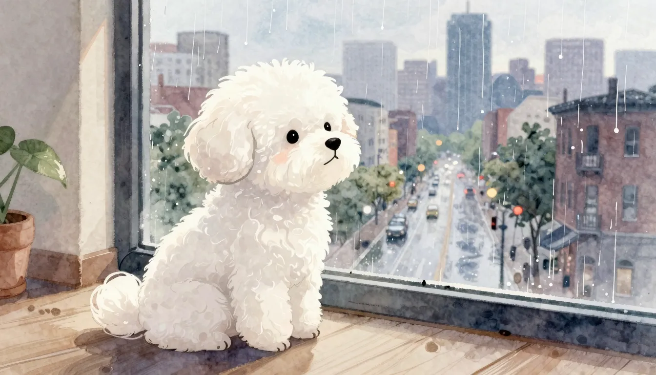 Watercolor style. A fluffy white spitz dog sitting by a wind...