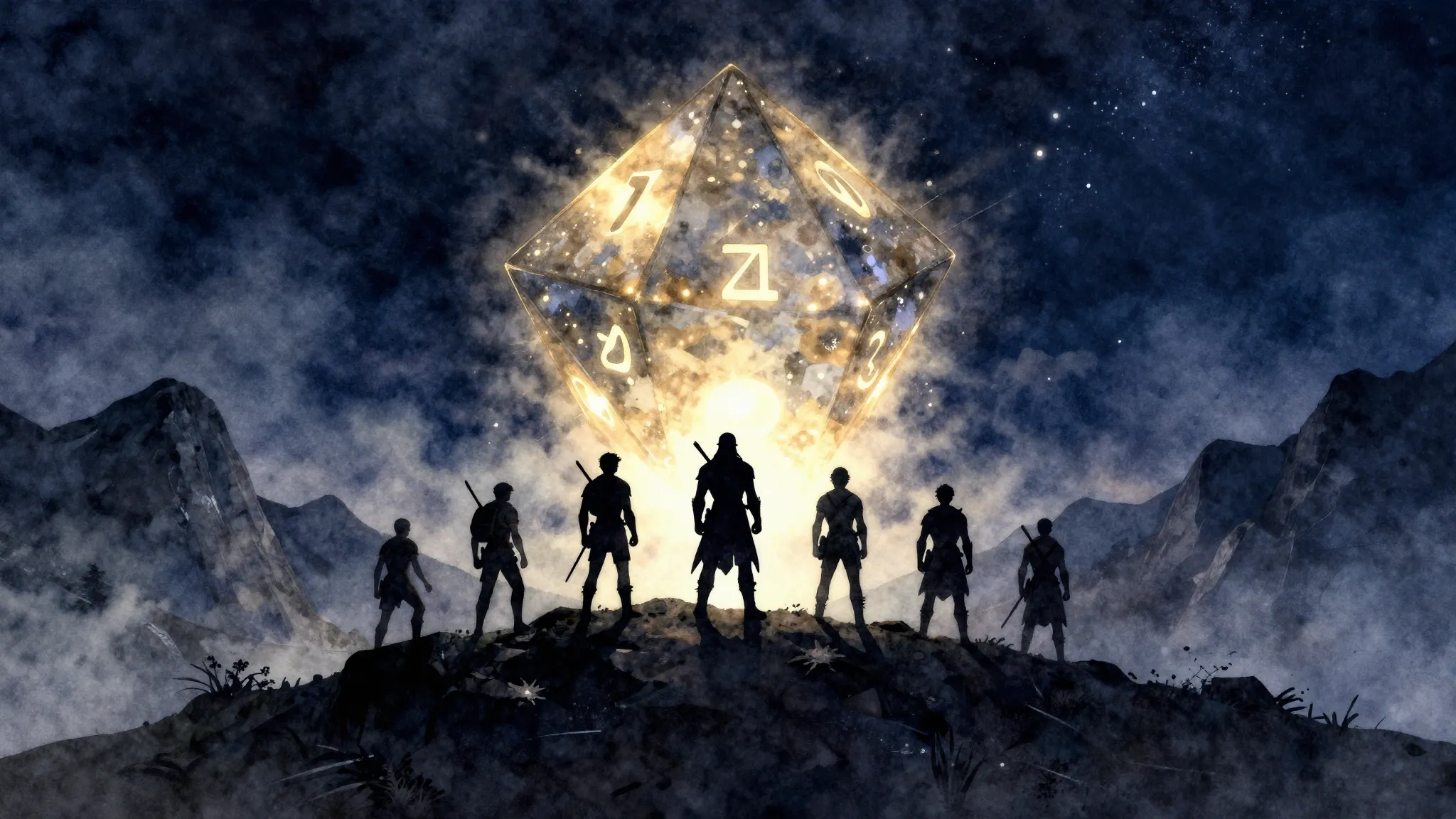 Watercolor style. Silhouette of six fantasy adventurers stan...