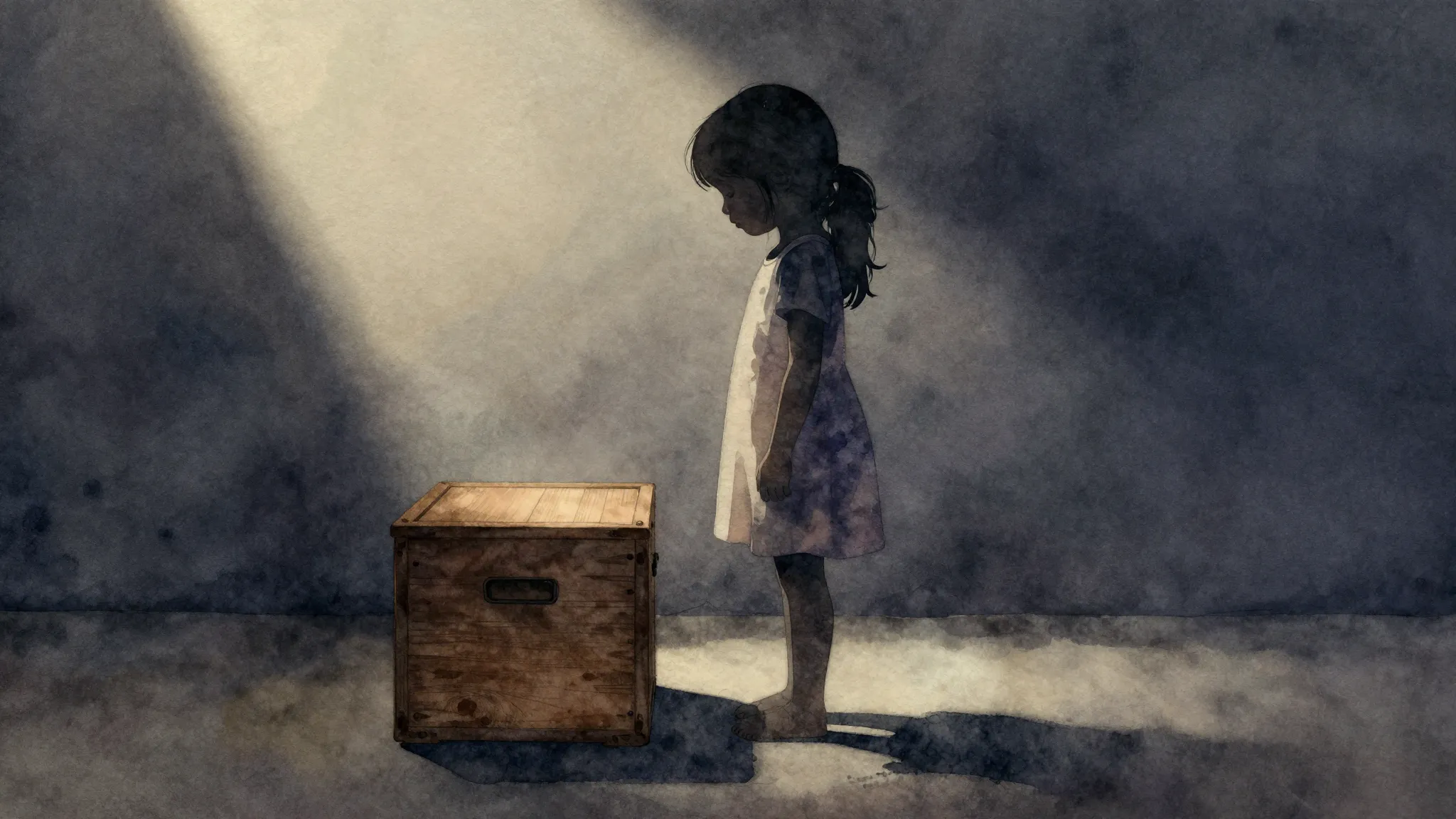 Watercolor style. A silhouette of a little girl standing nex...