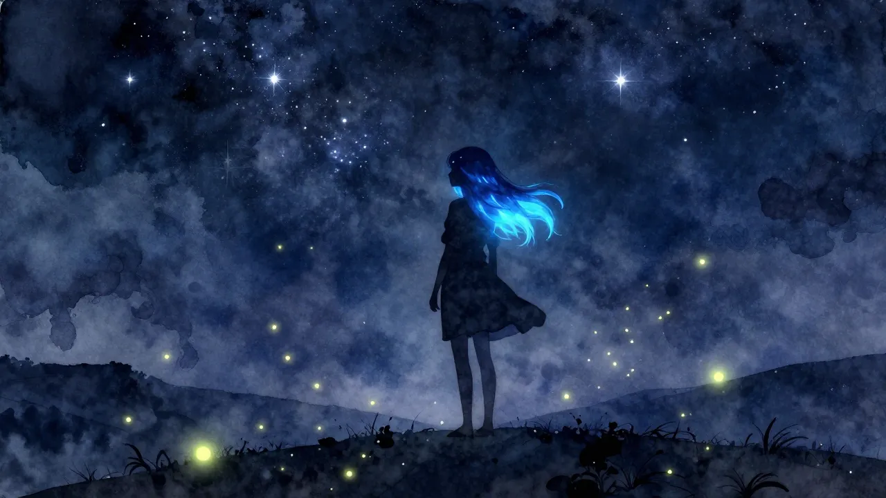 Watercolor style. Silhouette of a girl with glowing blue hai...