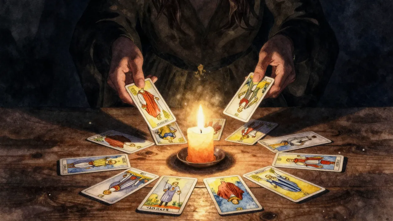 Watercolor style. A mystical scene with tarot cards scattere...