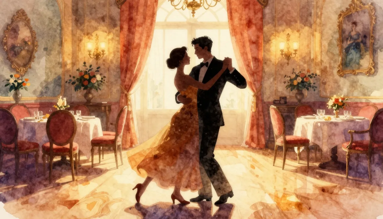Vibrant watercolor style. A warm, elegant ballroom scene wit...