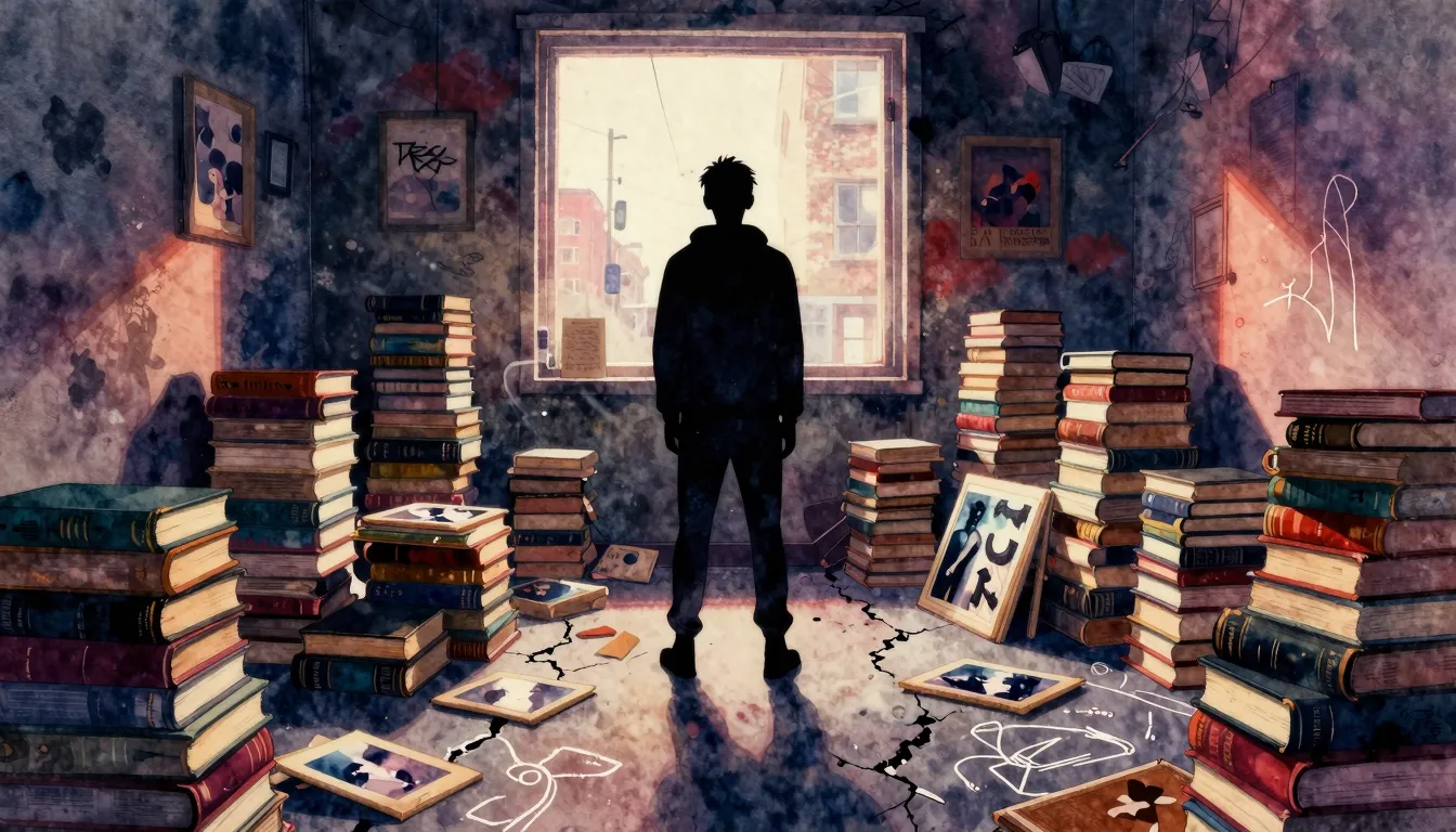 Vibrant watercolor style. Urban trap album cover, a lonely s...