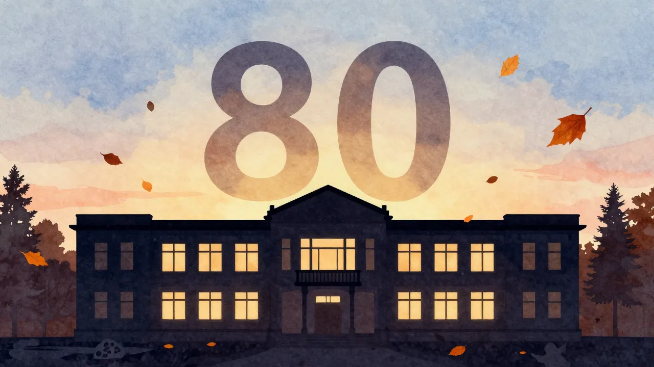 Watercolor style. Silhouette of an old school building in au...
