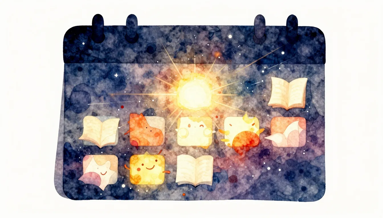 Watercolor style. Silhouette of a large calendar with glowin...