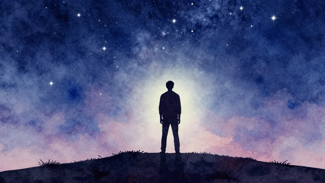 Watercolor style. A silhouette of a young man standing on a ...