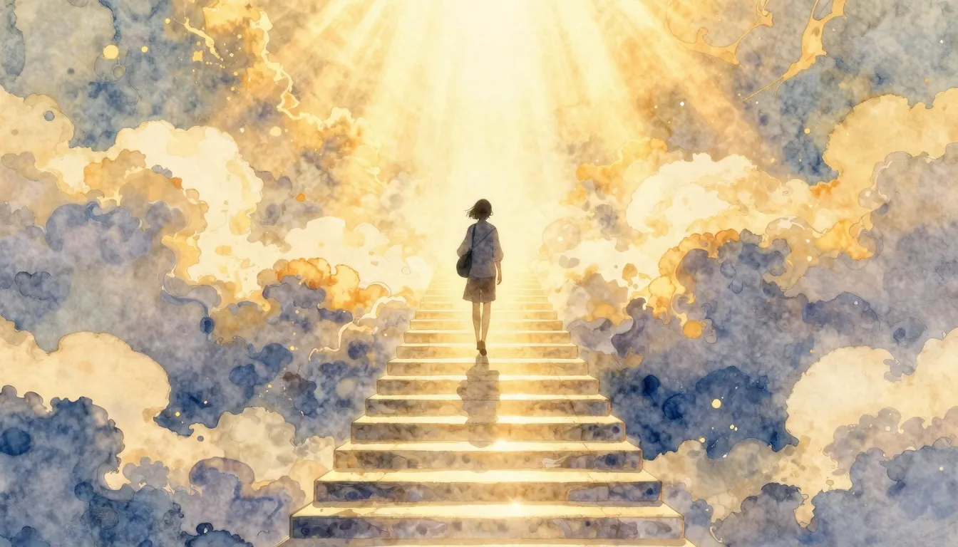 Watercolor style. A glowing staircase reaching into the clou...