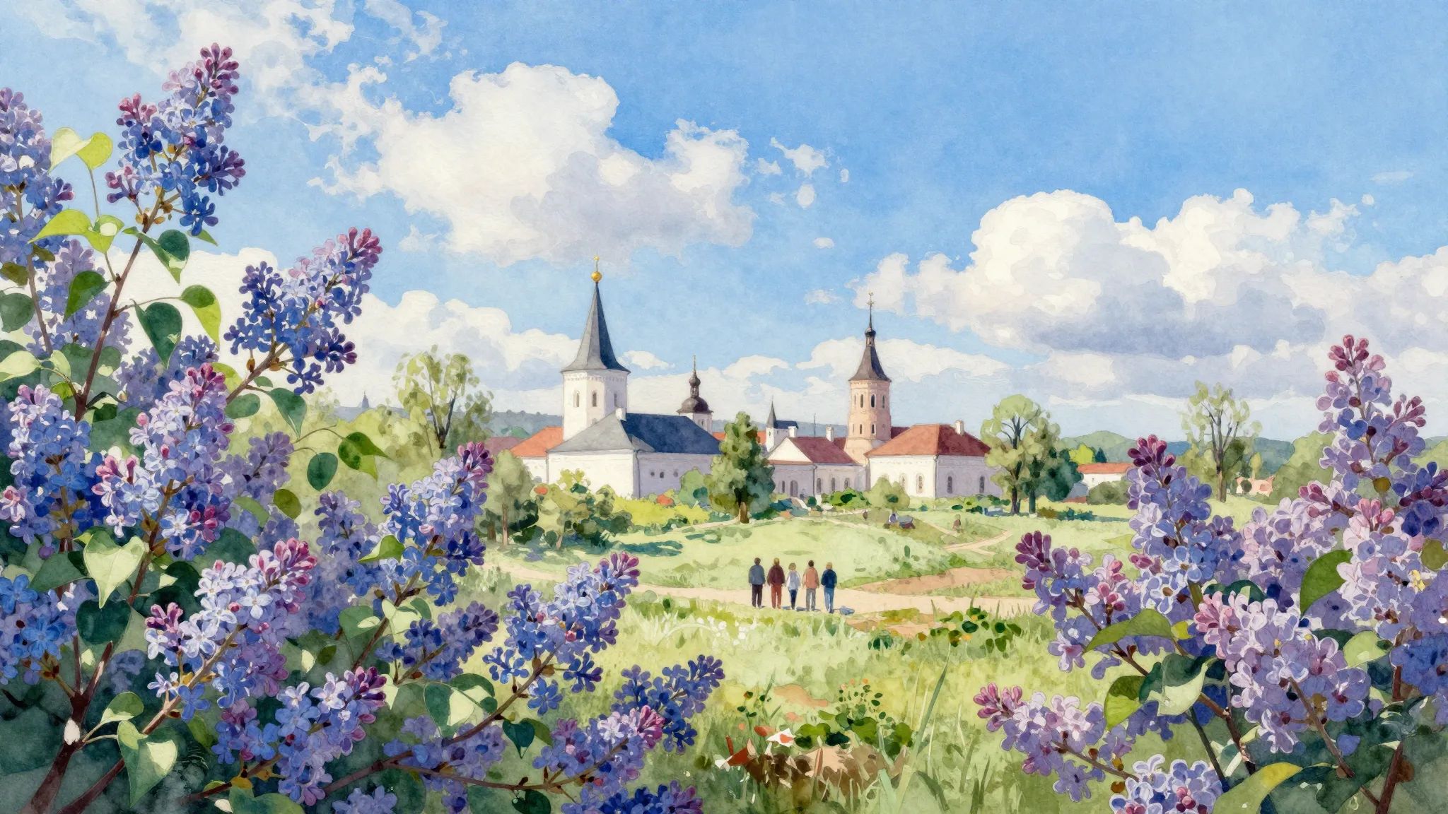Vibrant watercolor style. A peaceful spring landscape of the...