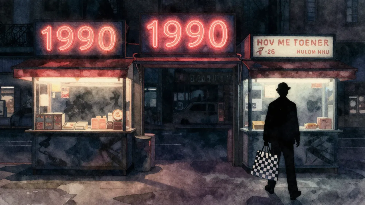 Watercolor style. Silhouettes of kiosks in a dark city stree...