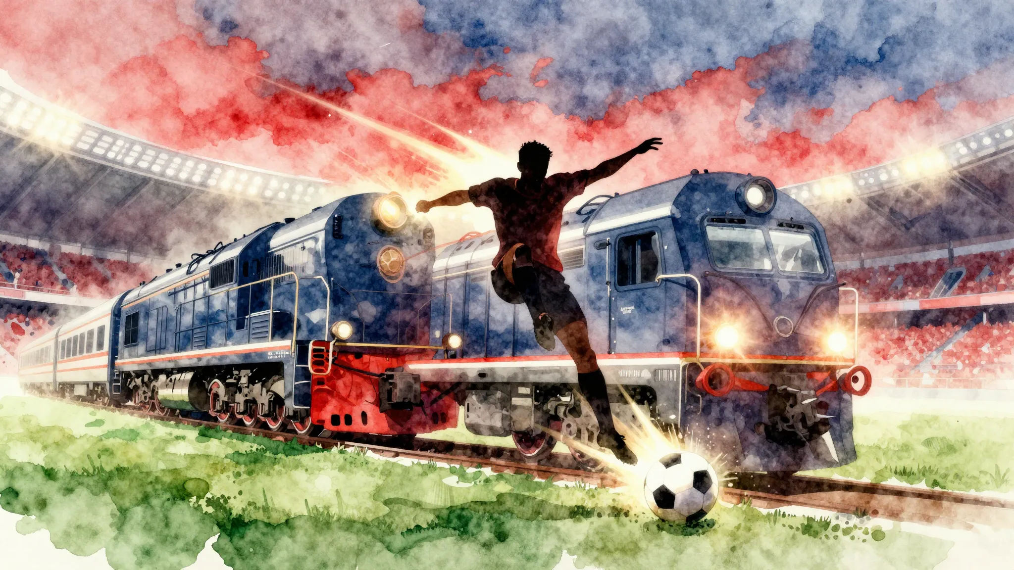 Vibrant watercolor style. Dynamic football action, a stylize...