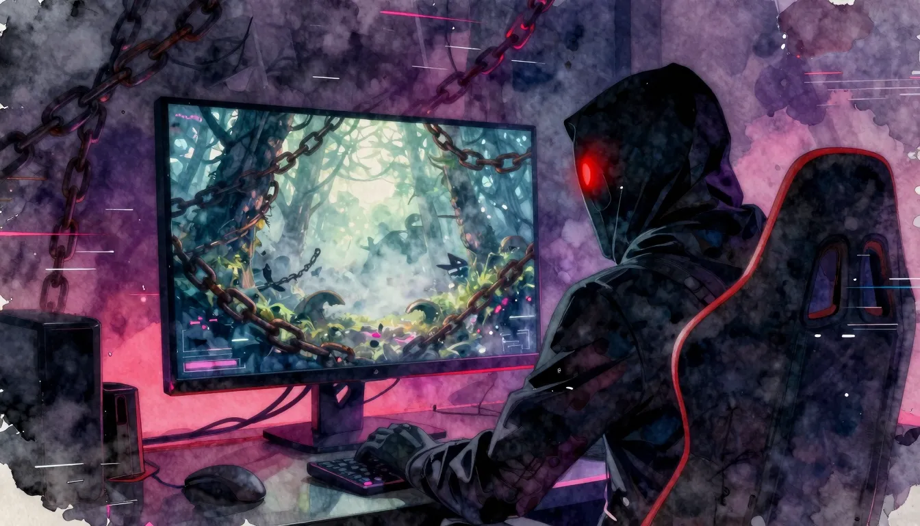 Vibrant watercolor style. A dark neon gaming room setup, a c...