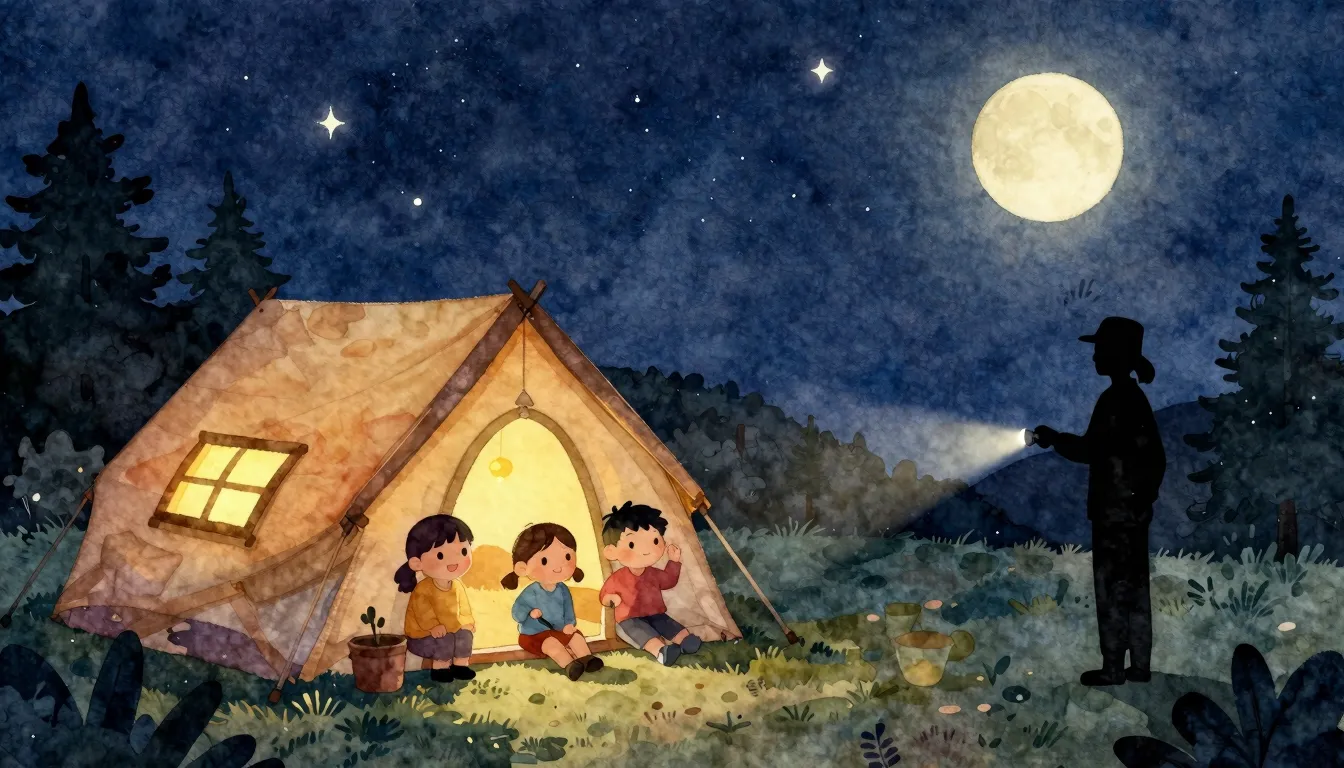 Watercolor style. A cozy night camp scene, silhouettes of ch...