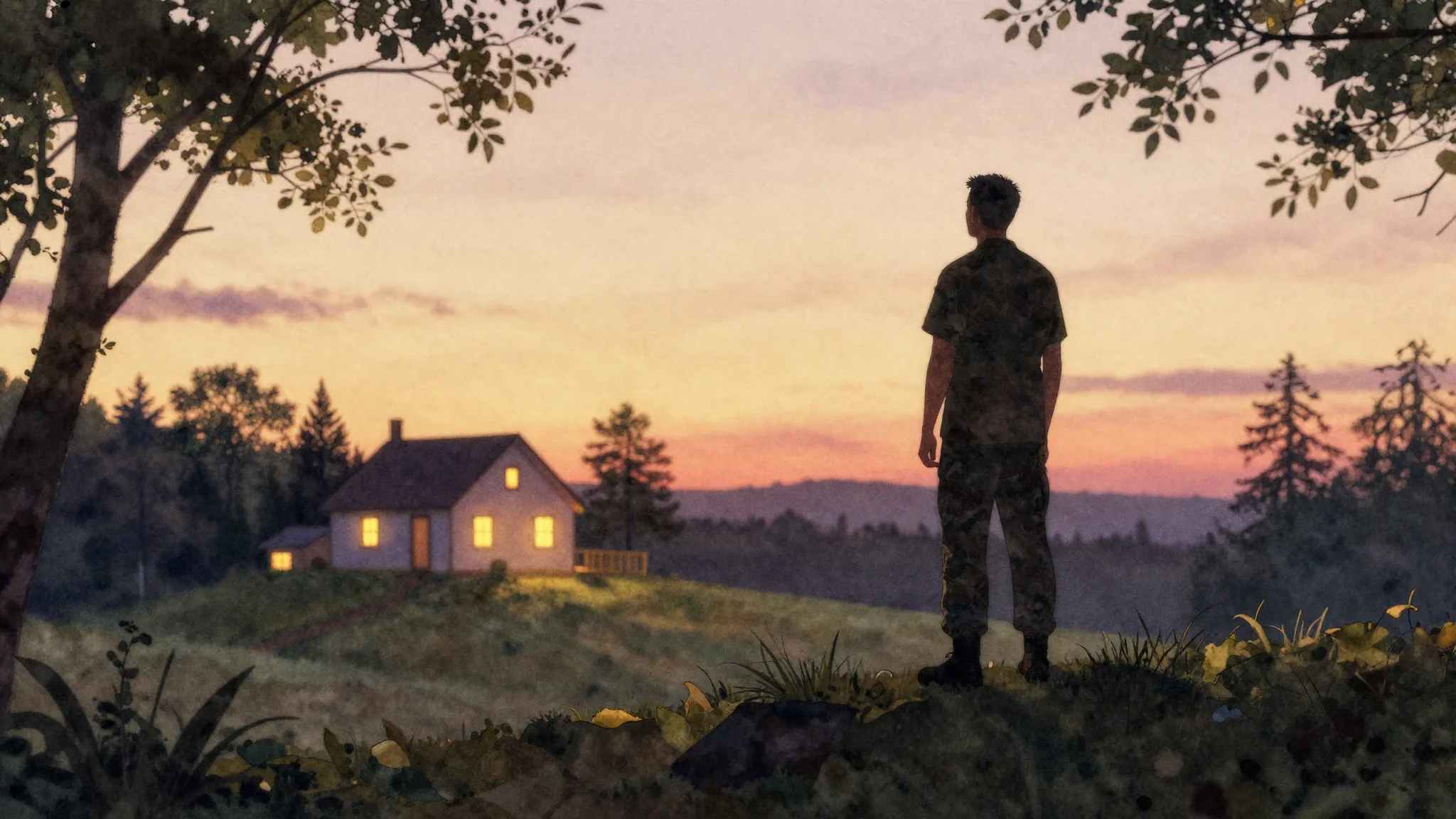 Watercolor style. Silhouette of a man standing on a hill, lo...