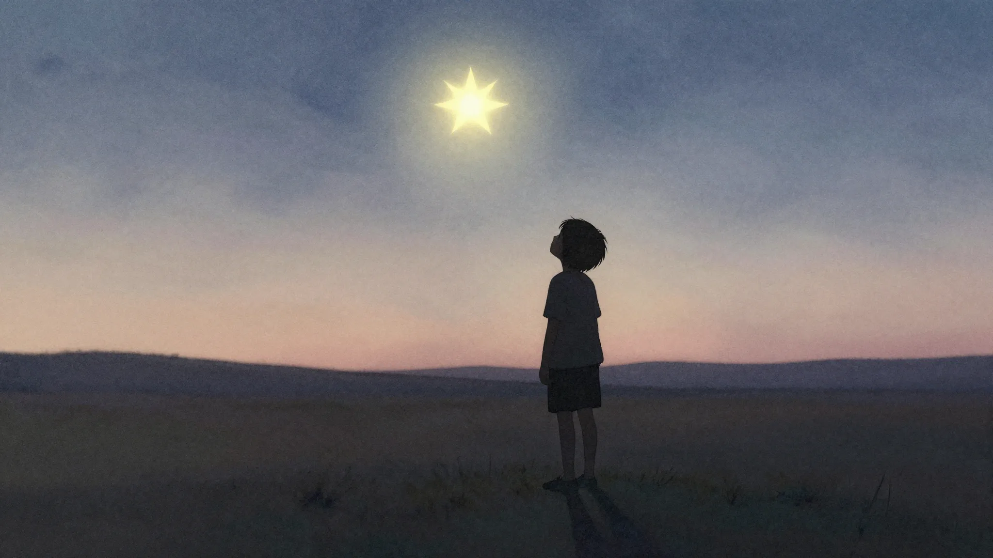 Watercolor style. A solitary silhouette of a child standing ...