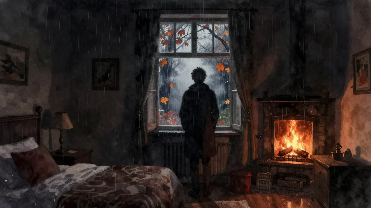 Watercolor style. A silhouette of a lone figure standing by ...