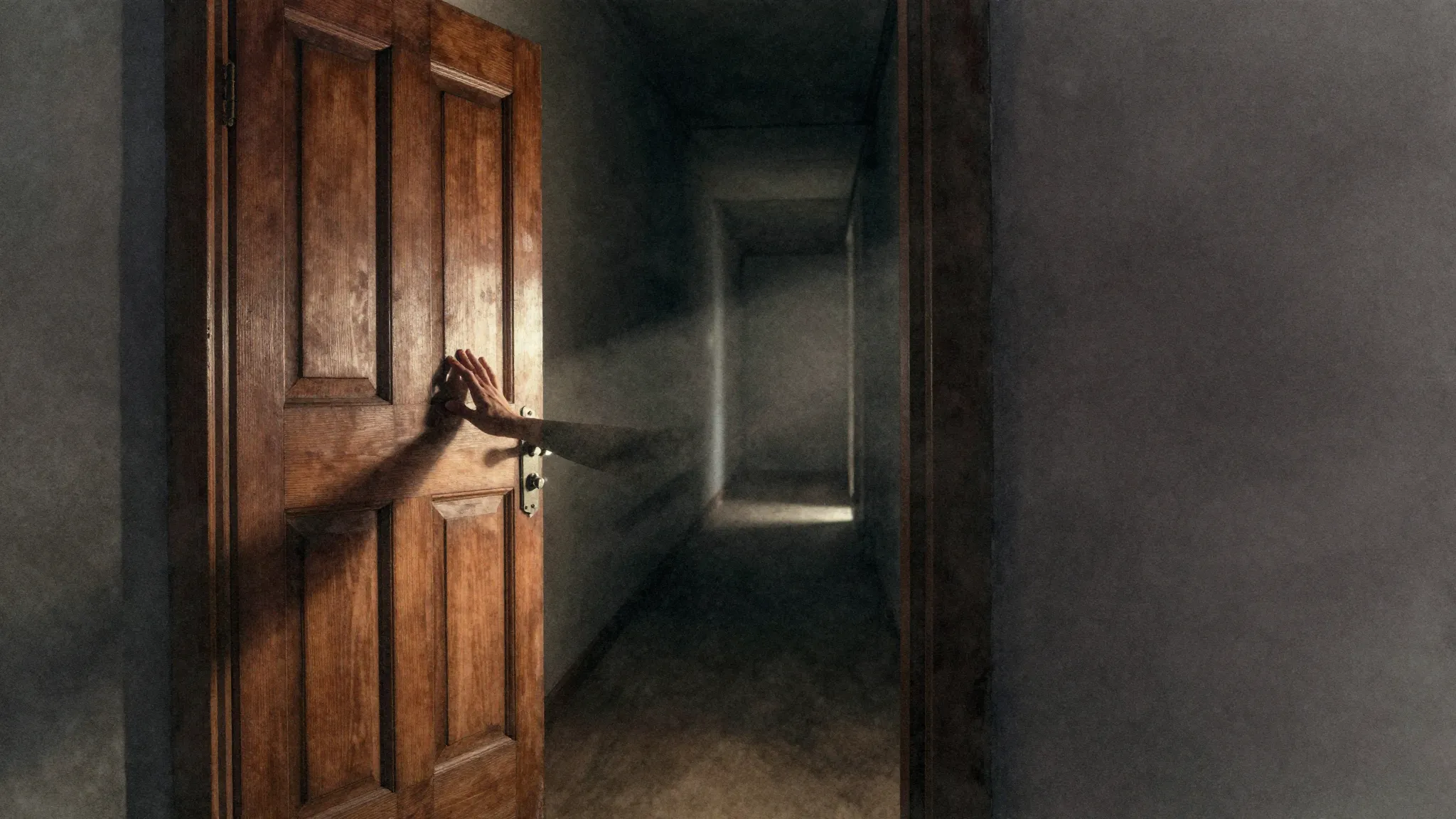 Watercolor style. A closed heavy wooden door in a dark corri...