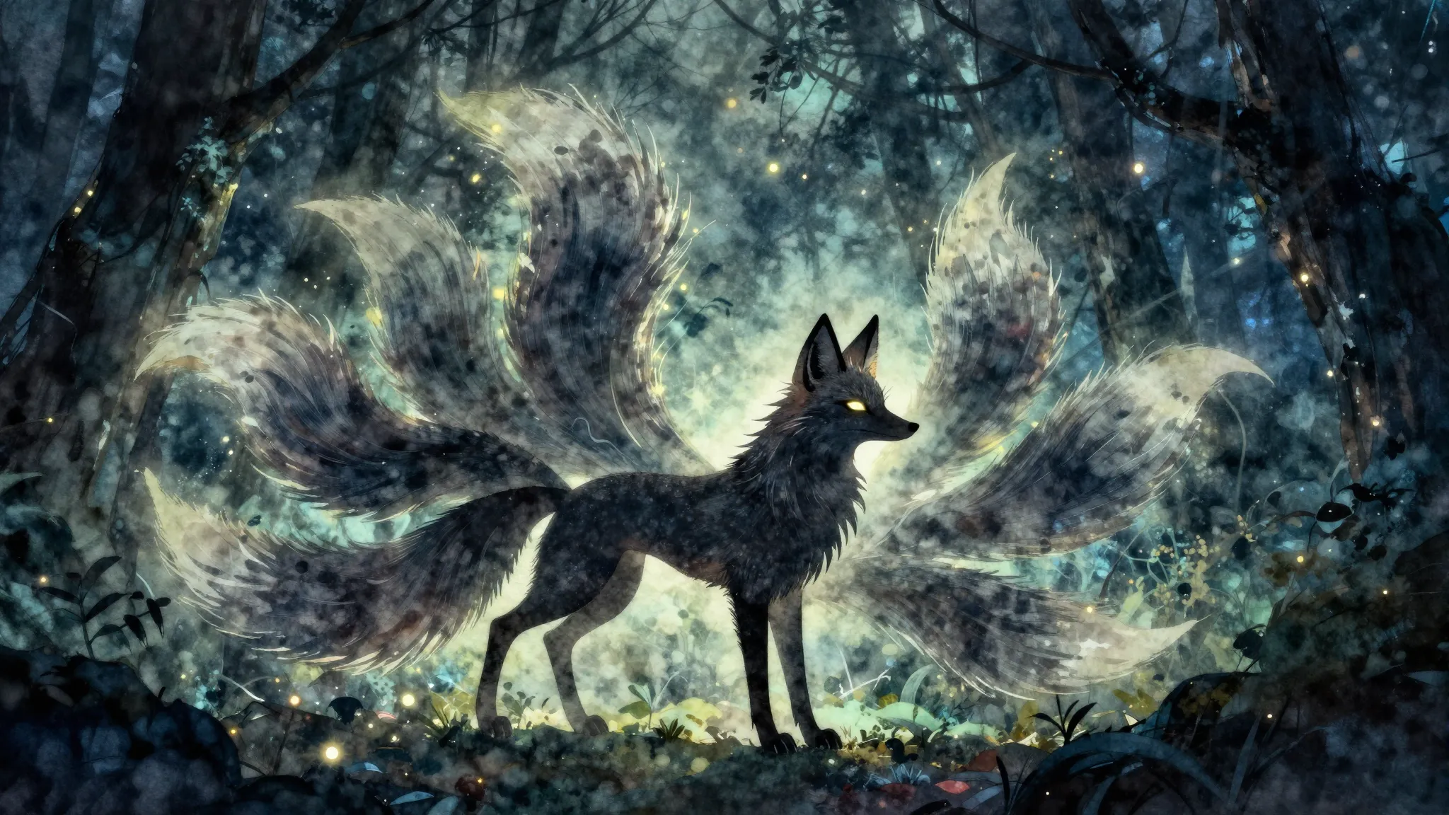 Watercolor style. A mystical nine-tailed fox silhouette in a...