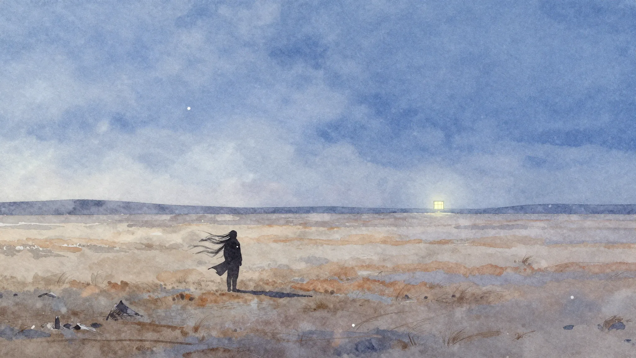 Watercolor style. A vast endless steppe under a high sky, a ...