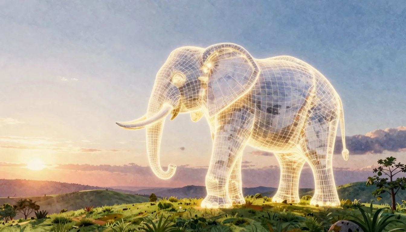 Watercolor style. A giant glowing wireframe elephant sculptu...