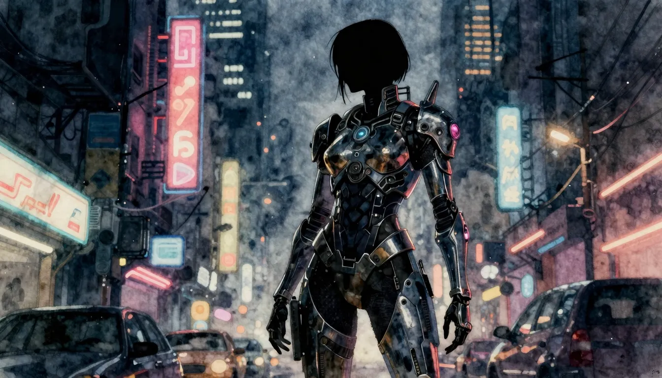 Watercolor style. Cyberpunk city street at night, neon light...