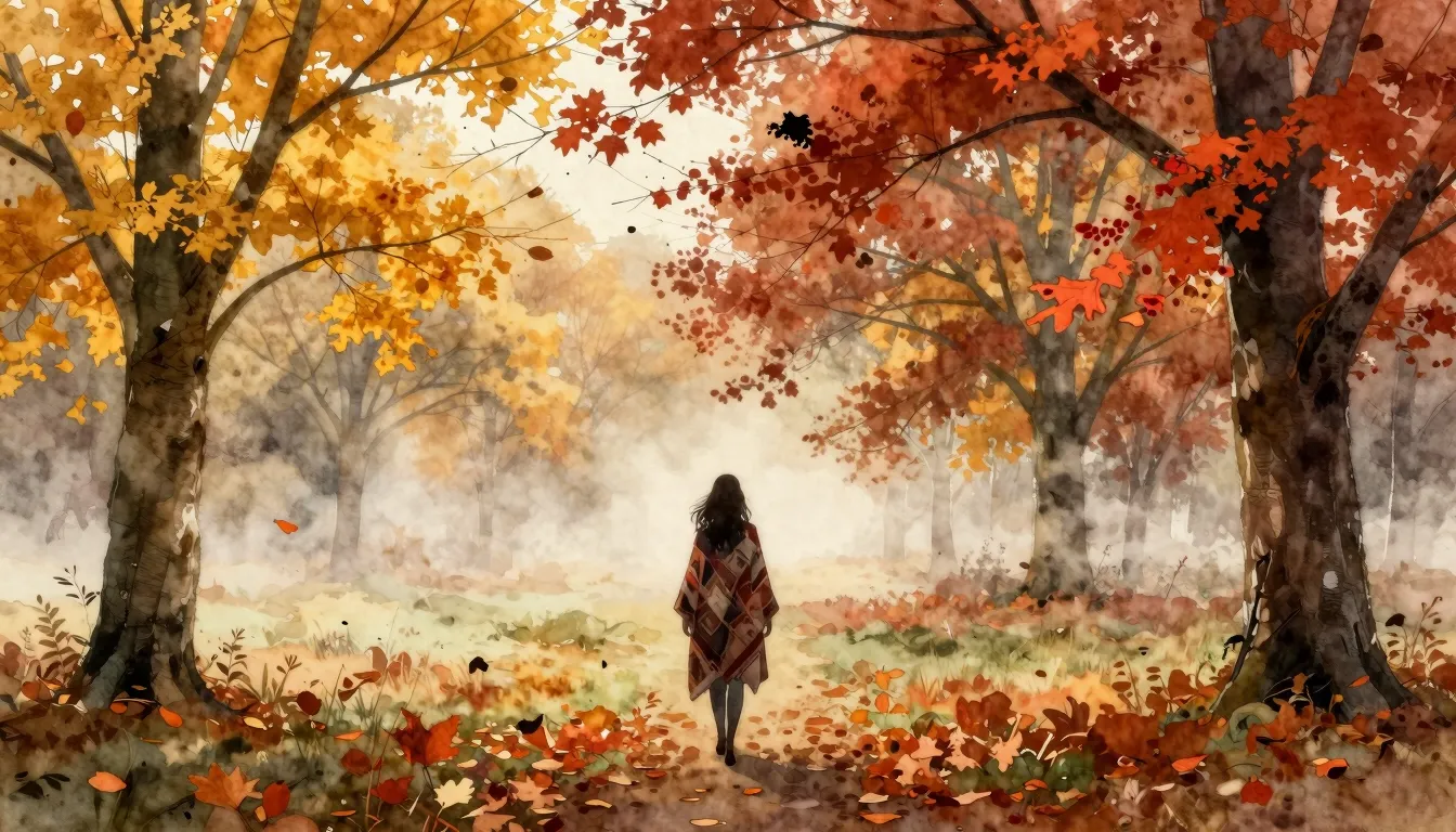 Watercolor style. Autumn landscape, golden and crimson trees...