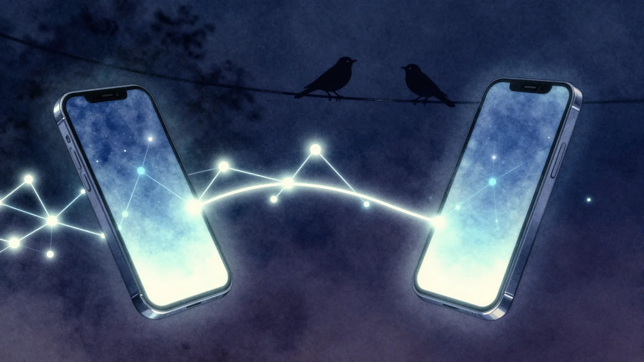 Watercolor style. Two glowing smartphones connected by a bri...