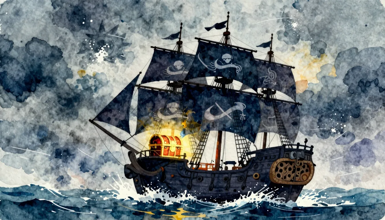 Watercolor style. Silhouette of a pirate ship sailing on a s...