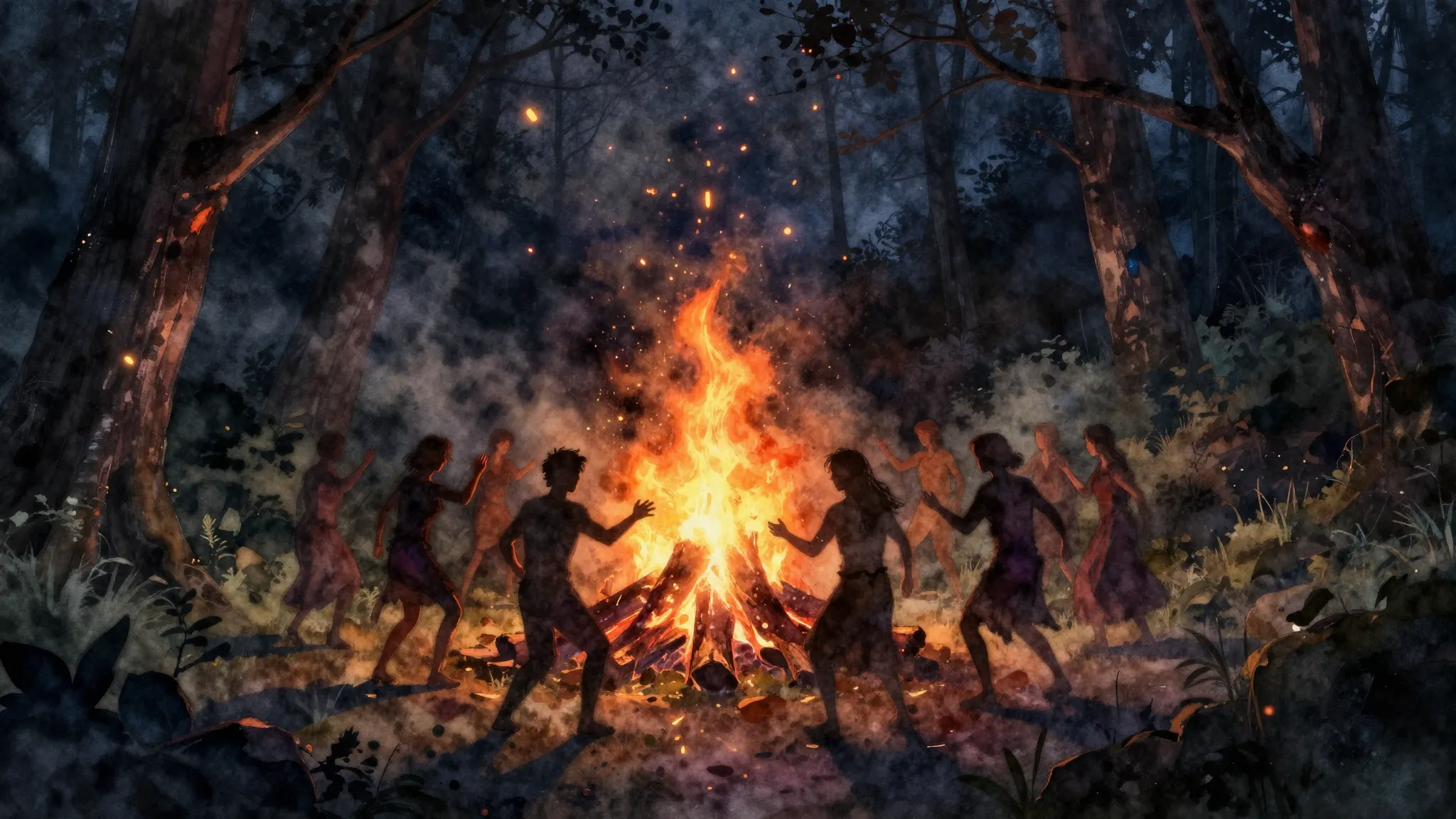 Watercolor style. A dark forest at night, a glowing bonfire ...