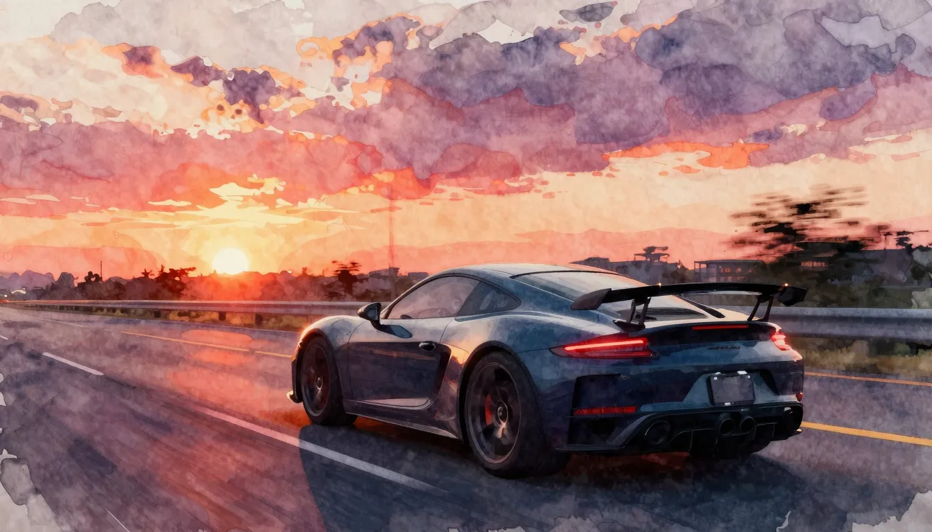 Vibrant watercolor style. A lonely silhouette of a driver in...