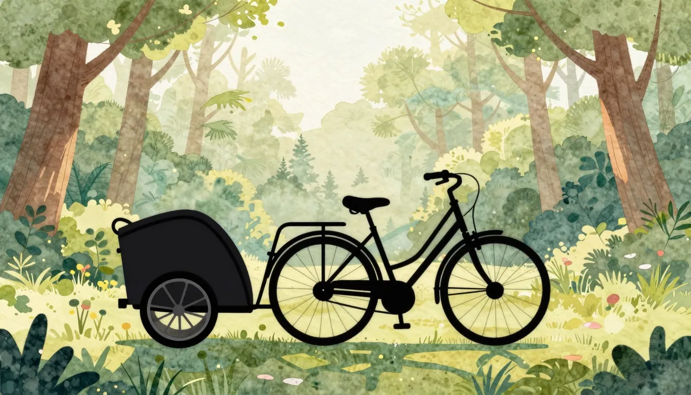 Watercolor style. Silhouette of a bicycle with a kids traile...