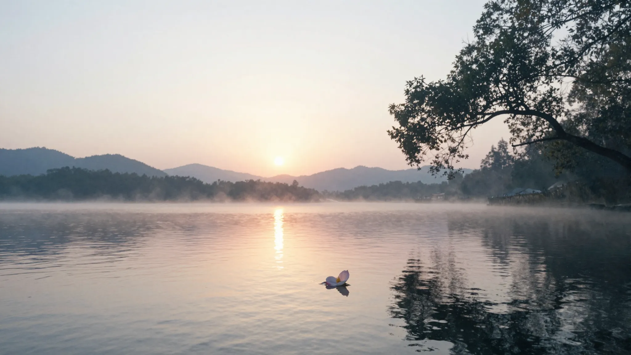 Watercolor style. A gentle sunrise over a calm lake, soft gl...