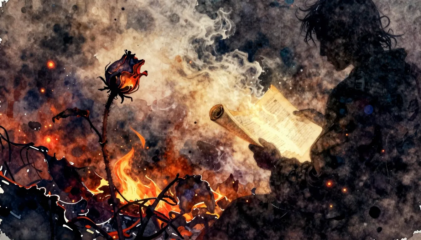 Vibrant watercolor style. Abstract rock album cover, a burnt...