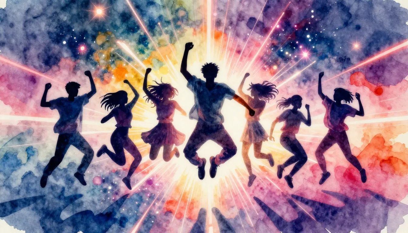 Vibrant watercolor style. Vibrant dance music cover, silhoue...