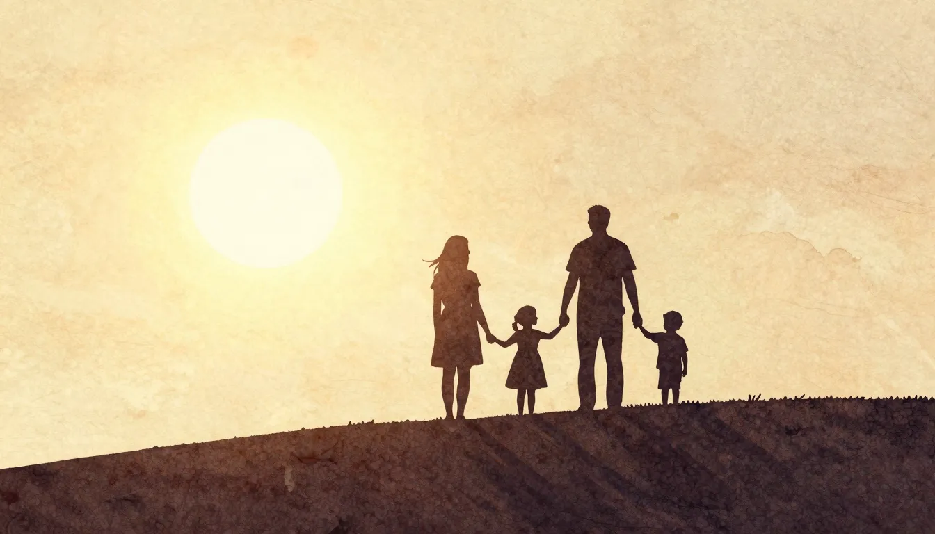 Watercolor style. A silhouette of a family holding hands, st...