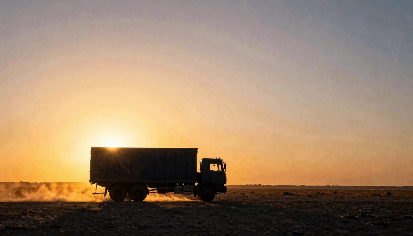 Vibrant watercolor style. A silhouette of a lone truck drivi...