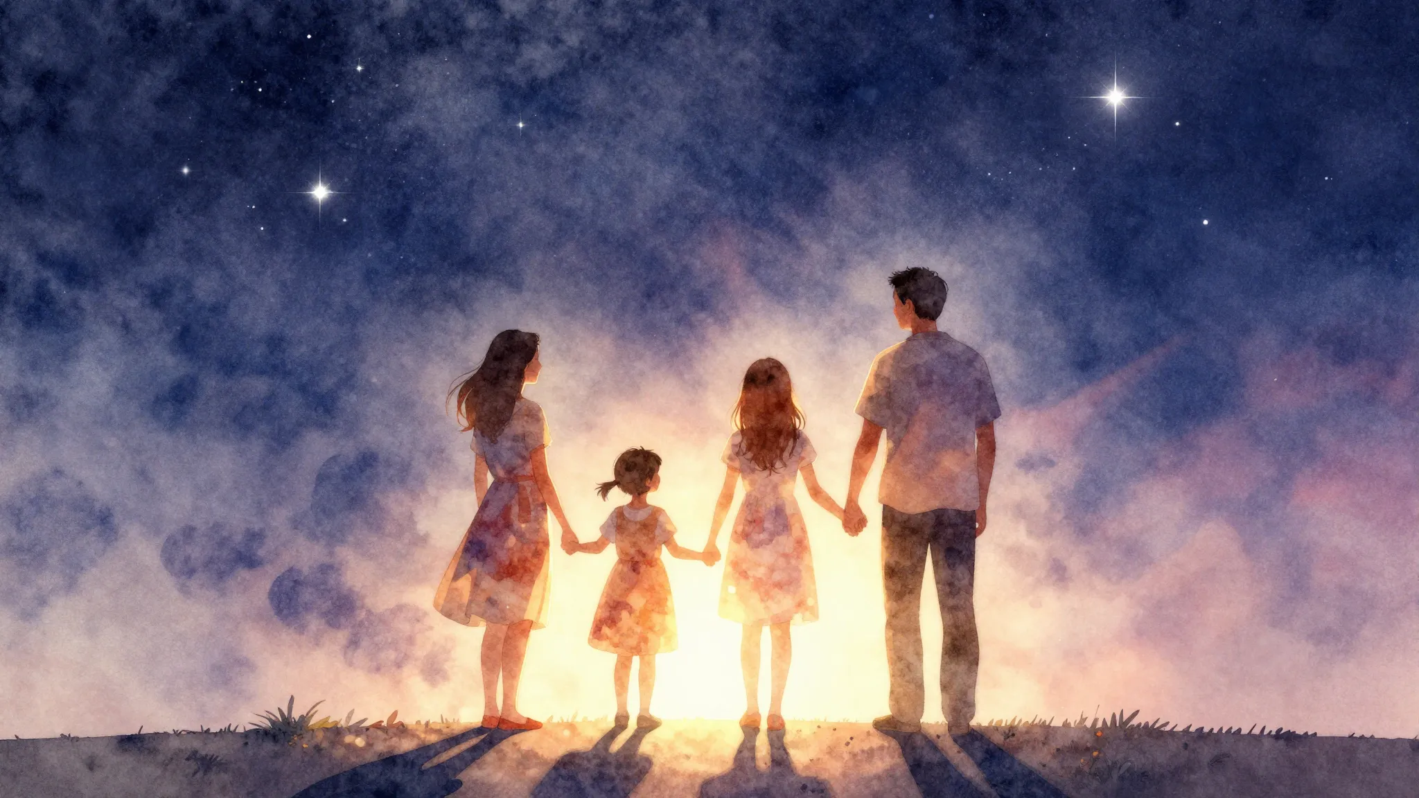 Watercolor style. A warm glowing silhouette of a family of f...