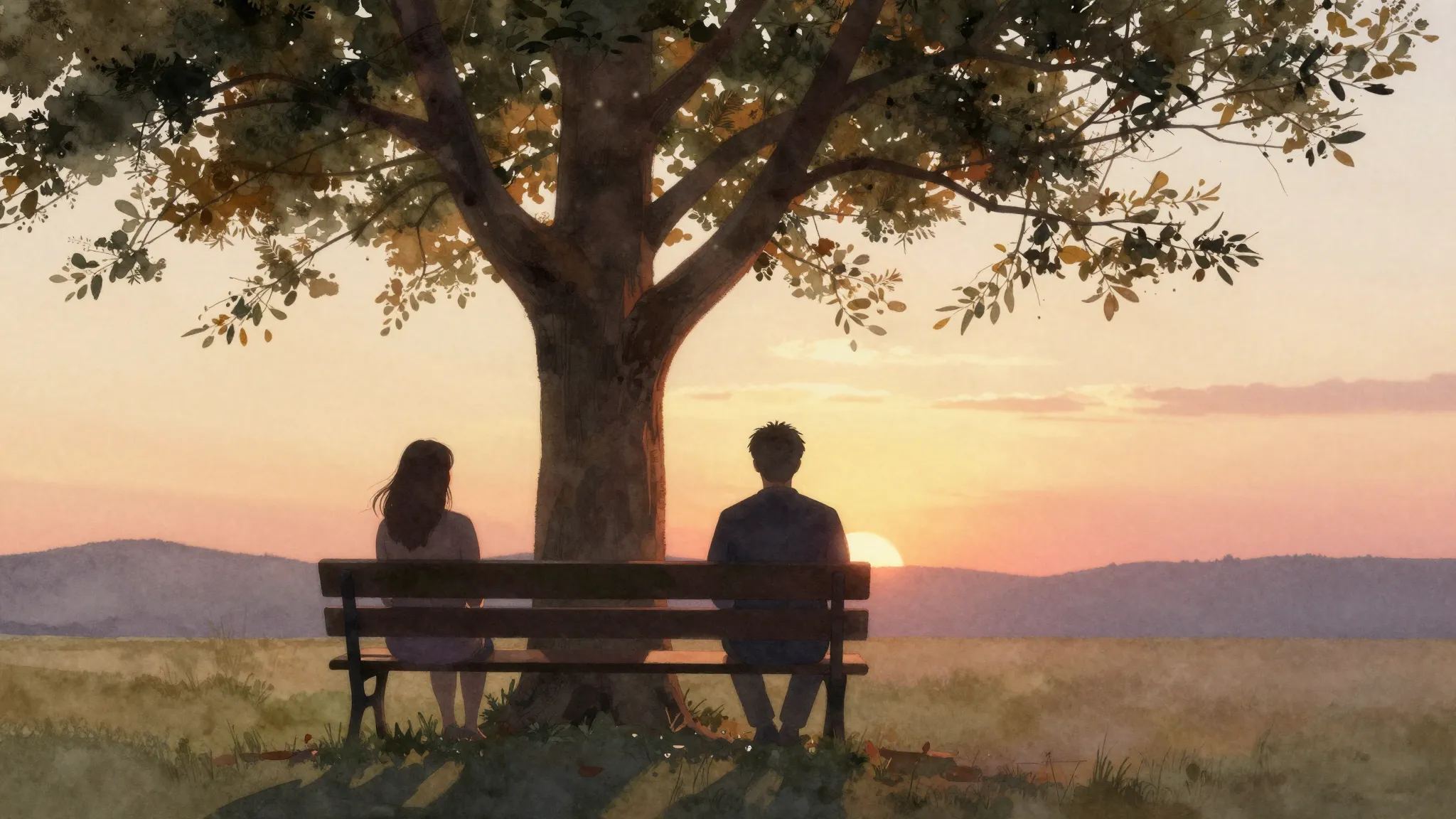 Watercolor style. A silhouette of a couple sitting on a benc...