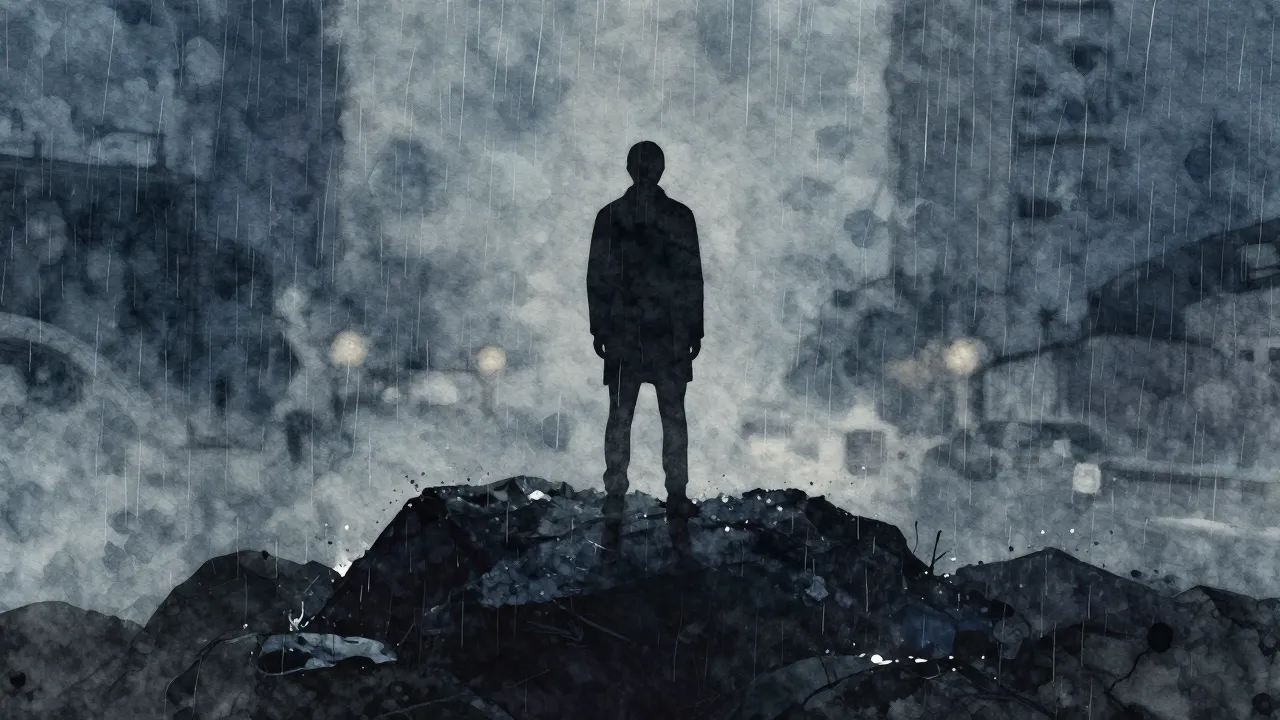 Vibrant watercolor style. A dark, moody rock album cover fea...
